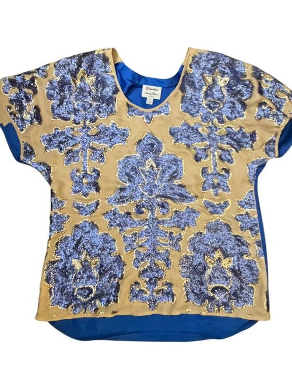 Tracy Reese Blue Gold Sequin Damask Top Small